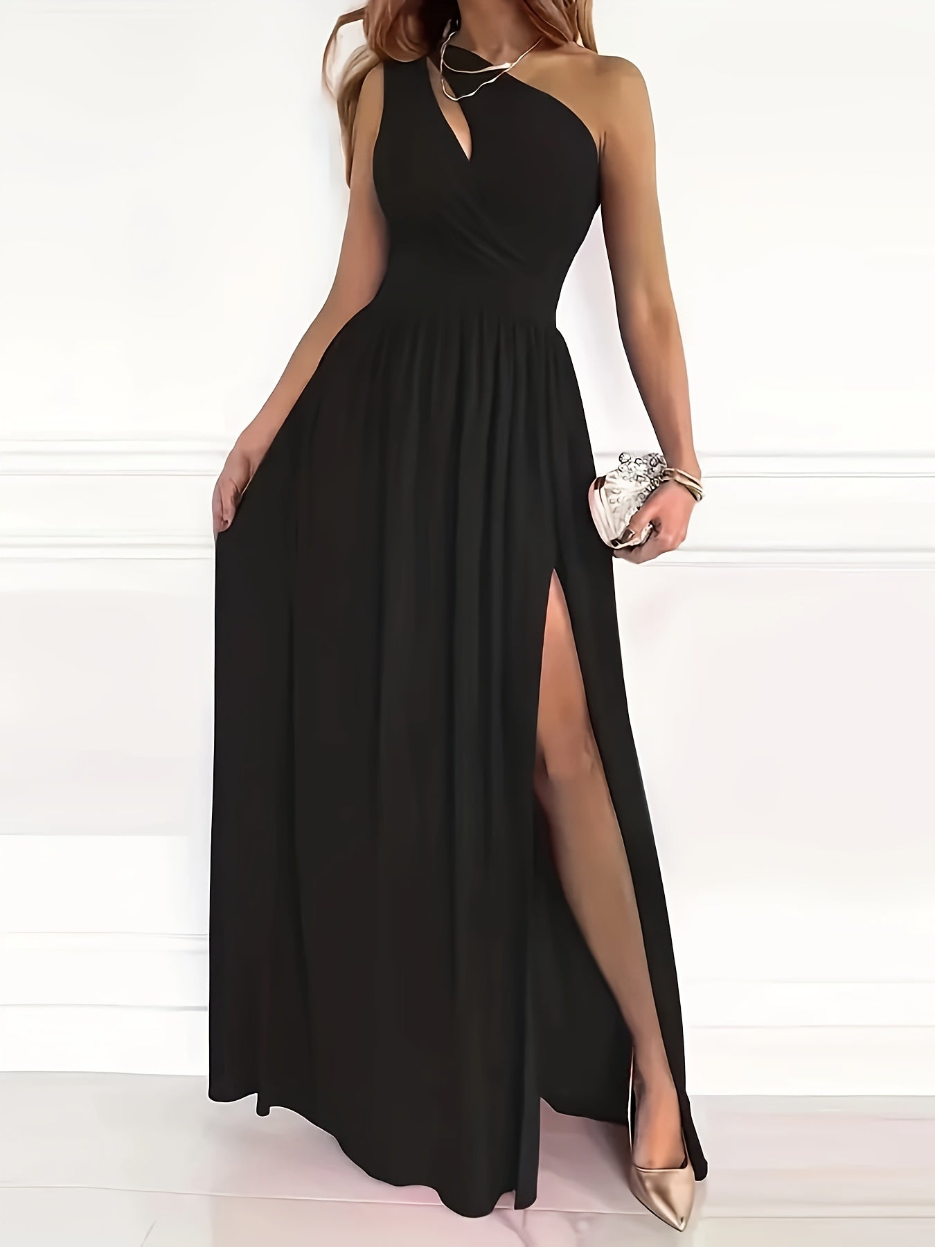 Solid One Shoulder Dress, Elegant Sleeveless Cut Out Split Dress, Women's Clothing